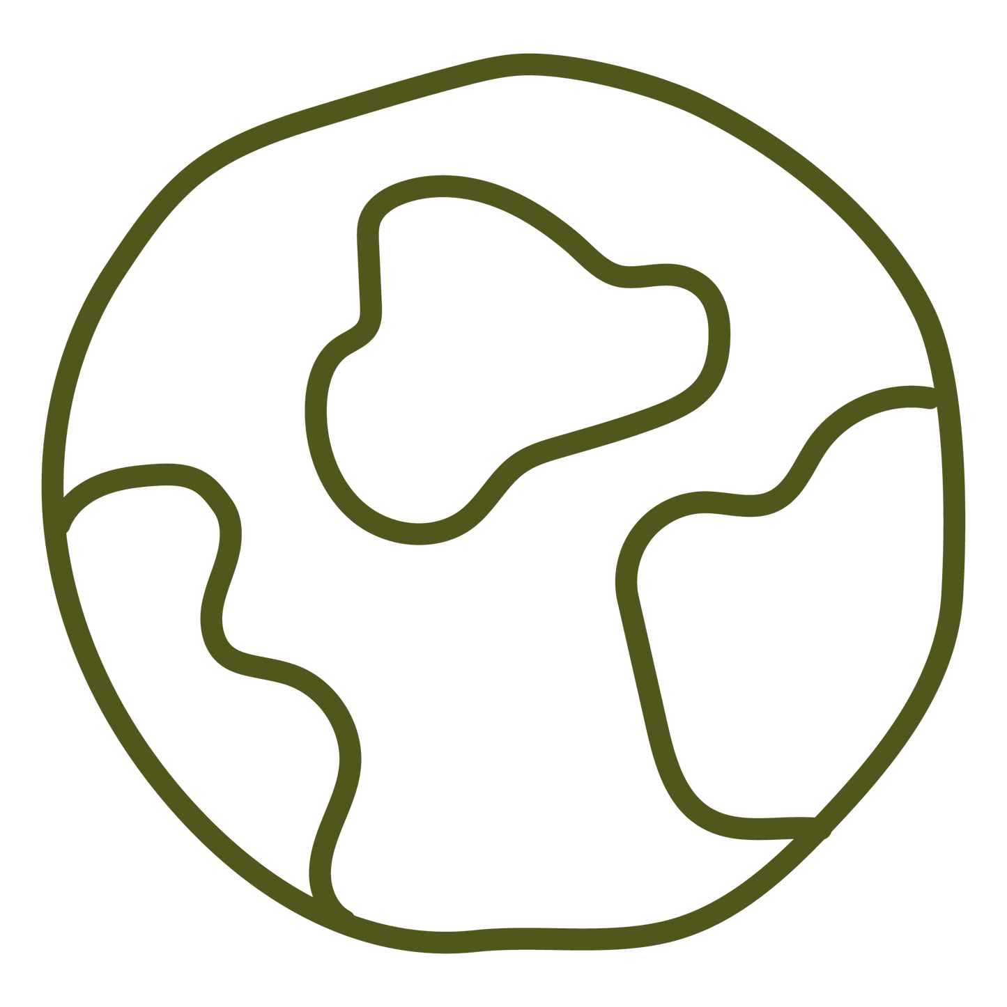 A minimalist dark olive green outline icon of the Earth, representing a globe or planet, centered on a solid white background.