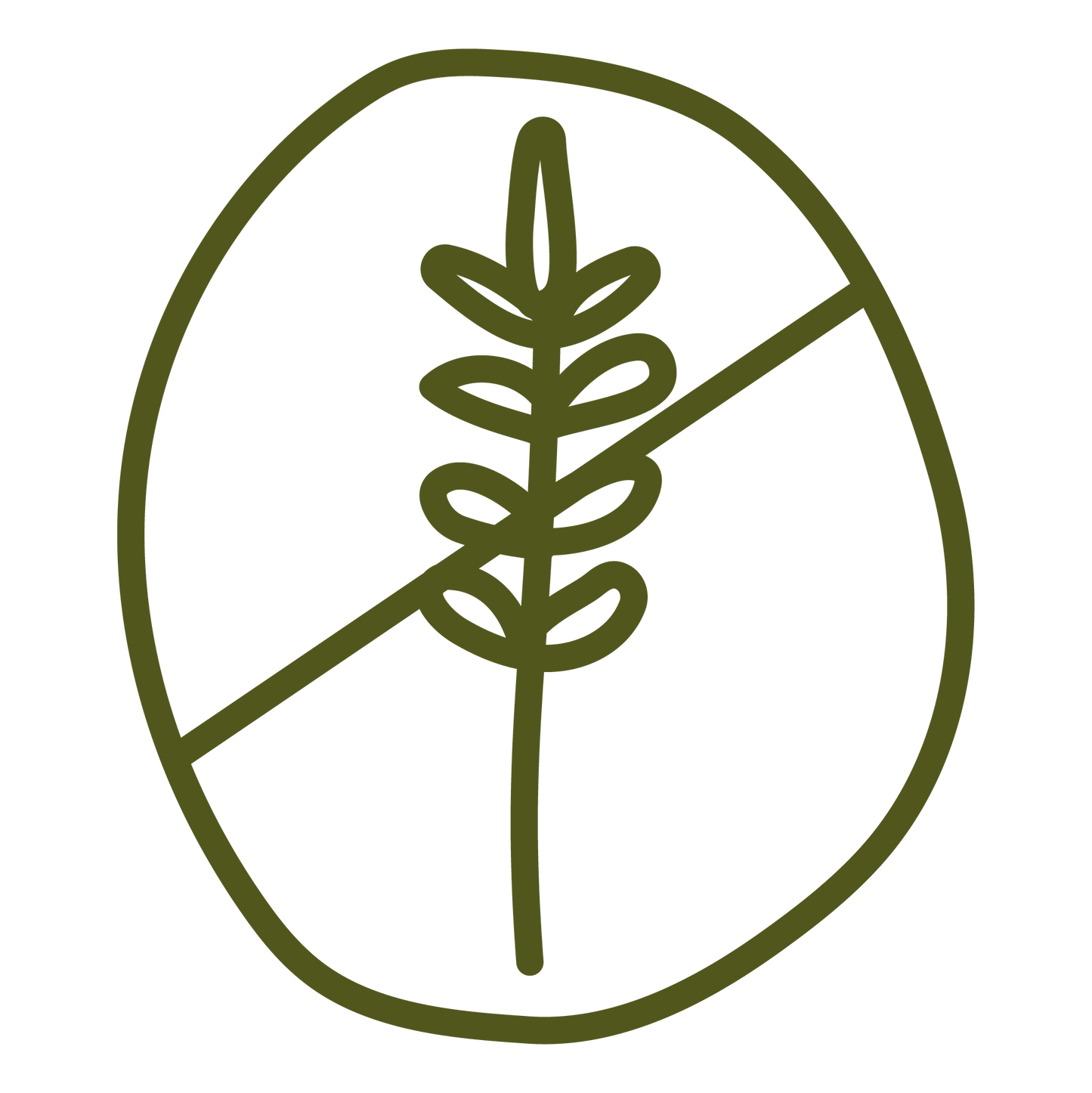An olive green line-art icon depicting a wheat stalk crossed out with a diagonal strike-through line inside an oval border, set against a plain white background.