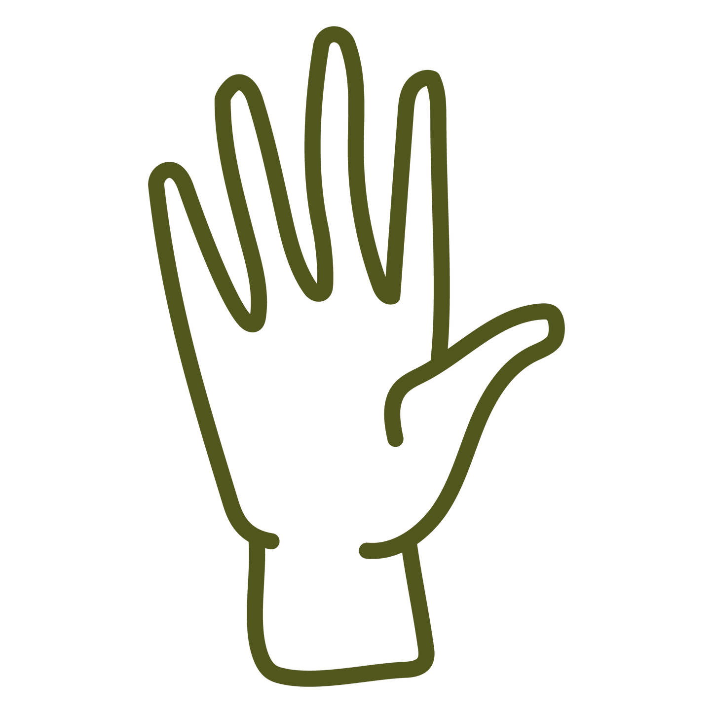 A simple line drawing of a hand with the palm facing forward, outlined in olive green on a plain white background.