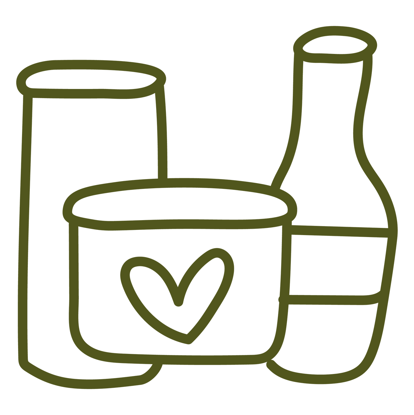 A minimalist line drawing of three containers on a white background: a tall cylinder, a short cylinder with a heart symbol, and a tall bottle-like vessel.