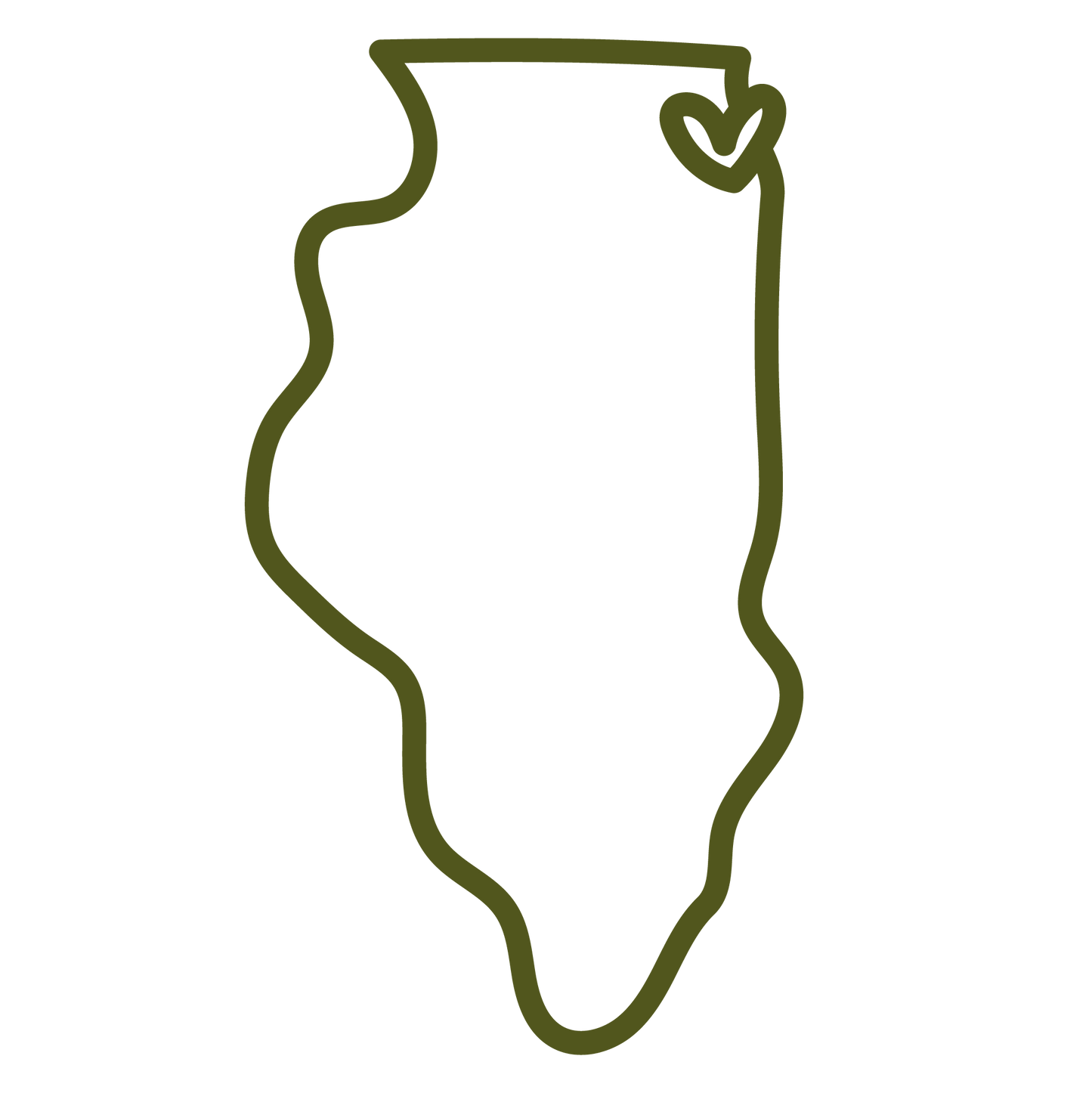A simple olive green outline drawing of the state of Illinois, with a heart over Chicago, on a plain white background.