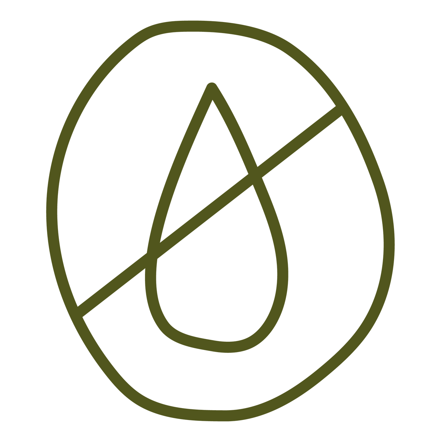 An olive green line icon of a teardrop shape crossed out with a diagonal strike-through line, centered on a plain white background.
