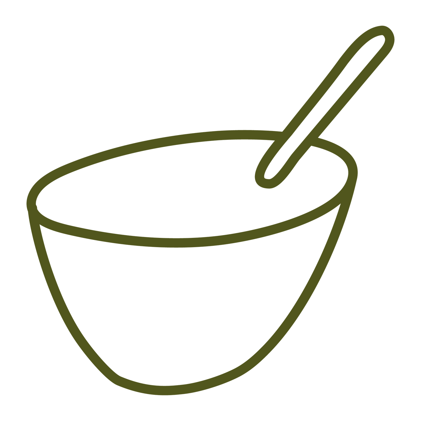 A simple line drawing of a mixing bowl with a spoon inside, shown in dark olive green on a plain white background.