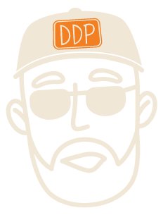 A minimalist beige line-art illustration of a man wearing a tan cap with an orange 'DDP' patch and dark sunglasses, on a white background.