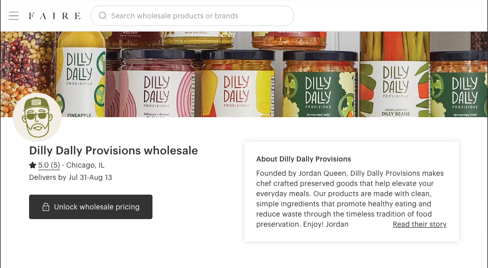 A screenshot of a wholesale storefront page for Dilly Daily Provisions, showing multiple jars of pickled vegetables and condiments under a search bar labeled FAIRE. The page includes product photos, a logo with a cartoon face, delivery details, and a text block about the company.